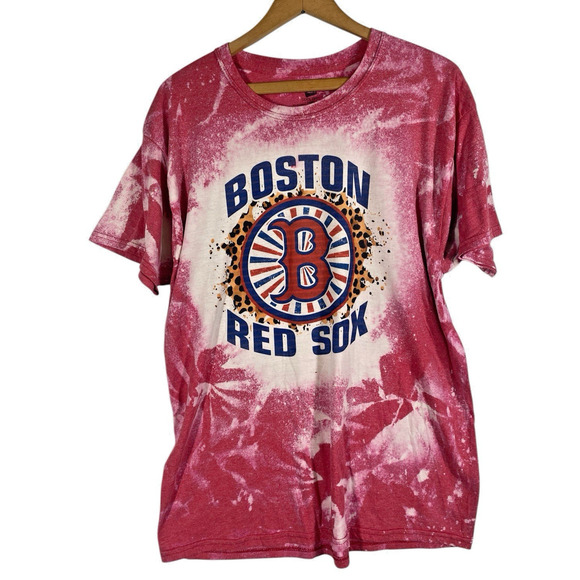 Boston Red Sox T Shirt Womens Size Large Tie Dye Leopard Animal Print Red White - Picture 1 of 8
